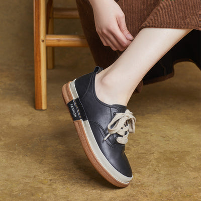 Women Genuine Leather Round Toe Lace-Up Flat Casual Shoes