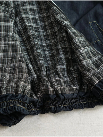 Autumn Retro Denim Loose Stand Collar Tulip Hem Zipper Coat