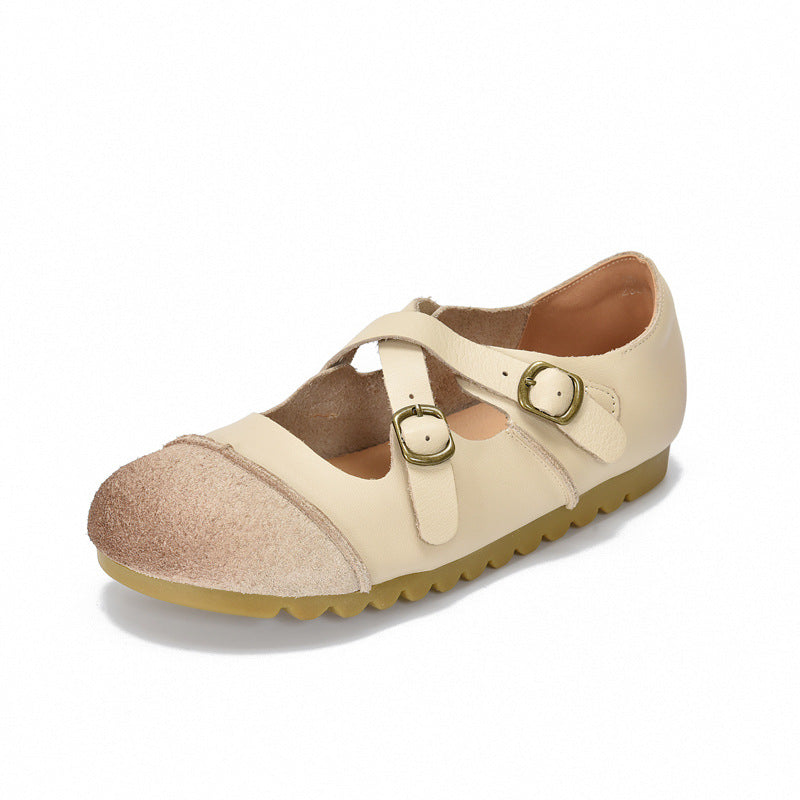 Genuine Leather Retro Casual Patchwork Crossing Straped Shoes