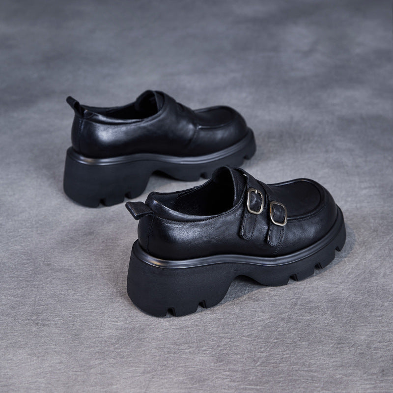 Babakud Women Spring Retro Chunky Loafers with Belt Buckle Design