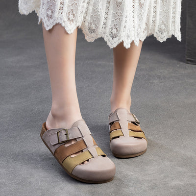 Women Casual Buckled Colorful Straps Retro Leather Slippers