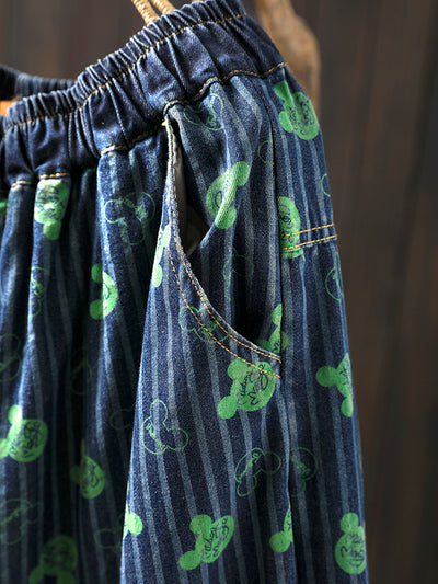 Women Spring Retro Denim Printed Casual Loose Harem Pants
