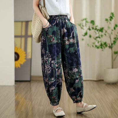 Women Retro Printed Elastic Waist Cotton Linen Harem Pants