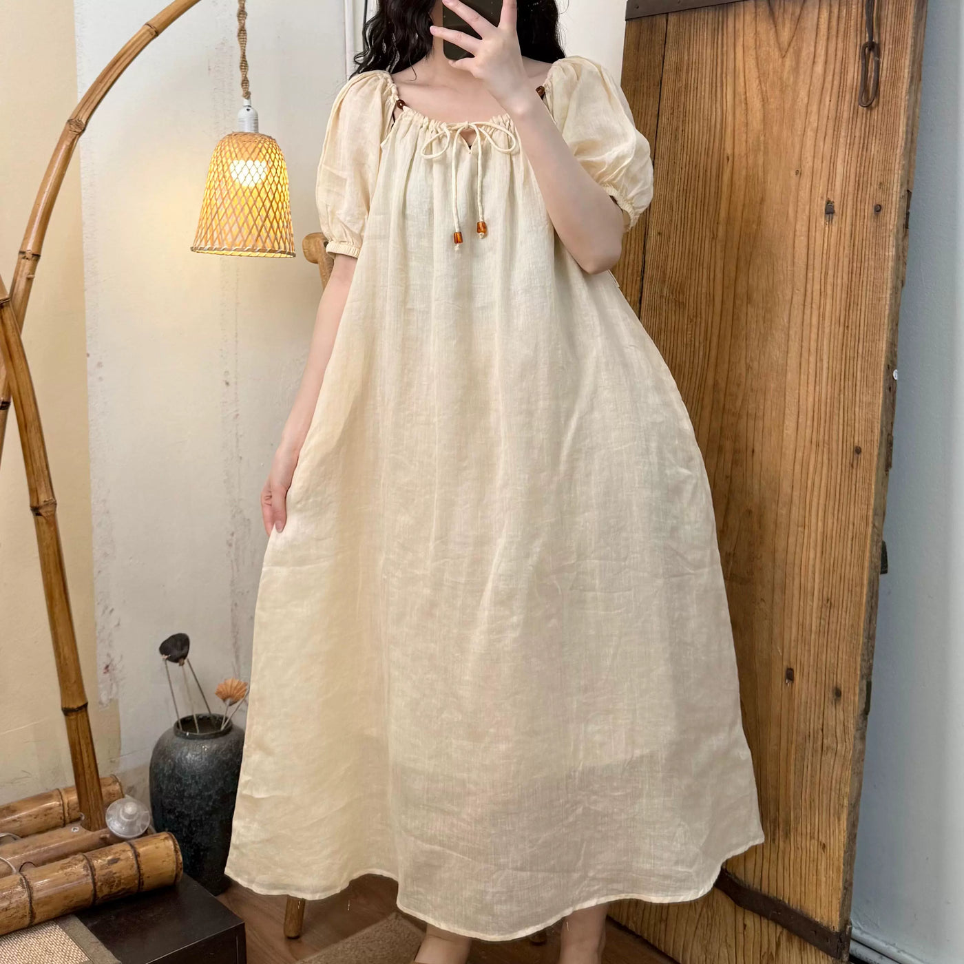Women Summer Ramie Sweet Literary Double Layer Lace-Up Dress