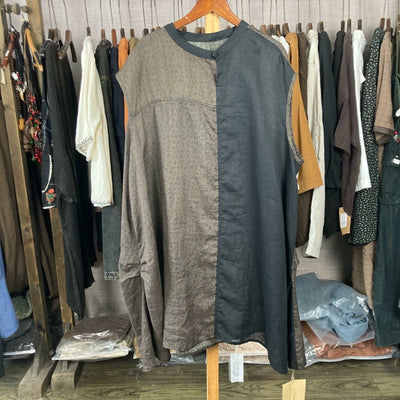 Summer Retro Ramie Patchwork Round Neck Sleeveless Dress