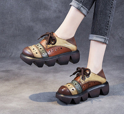 Women Color Block Platform Retro Perforated Leather Casual Shoes
