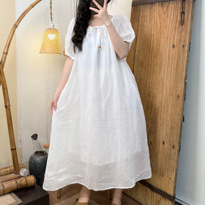 Women Summer Ramie Sweet Literary Double Layer Lace-Up Dress