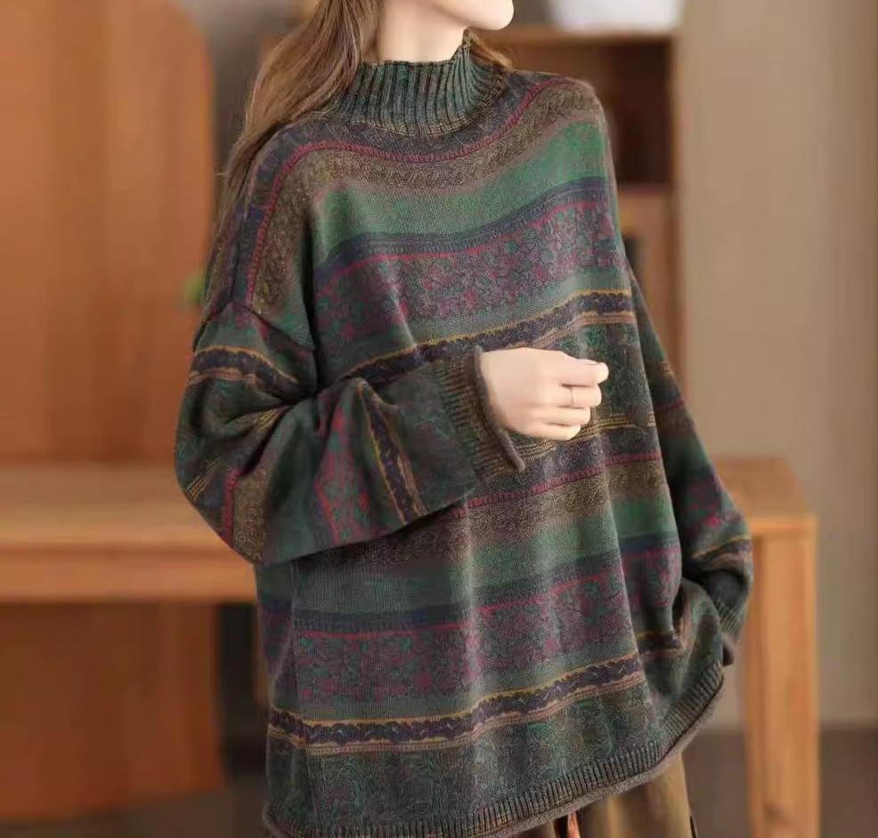 Vintage Floral Patterned Mock Neck Knit Sweater for Women