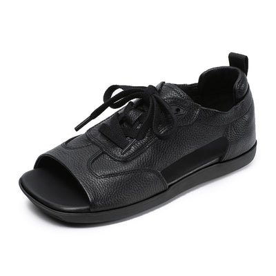 Women Summer Retro Genuine Leather Flat Soft Sole Lace-Up Sandals