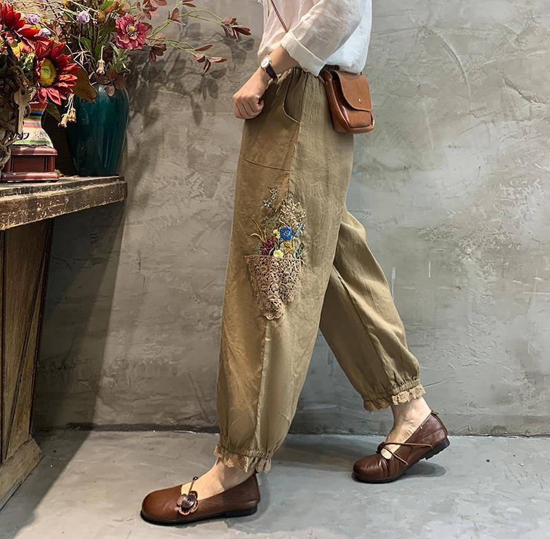 Women Vintage Embroidered Lace Cotton Linen Harem Pants
