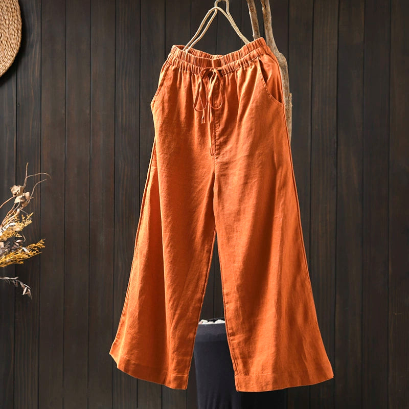 Women Spring Vintage Linen Solid Color Casual Wide-Leg Pants