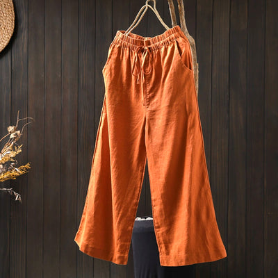 Women Spring Vintage Linen Solid Color Casual Wide-Leg Pants