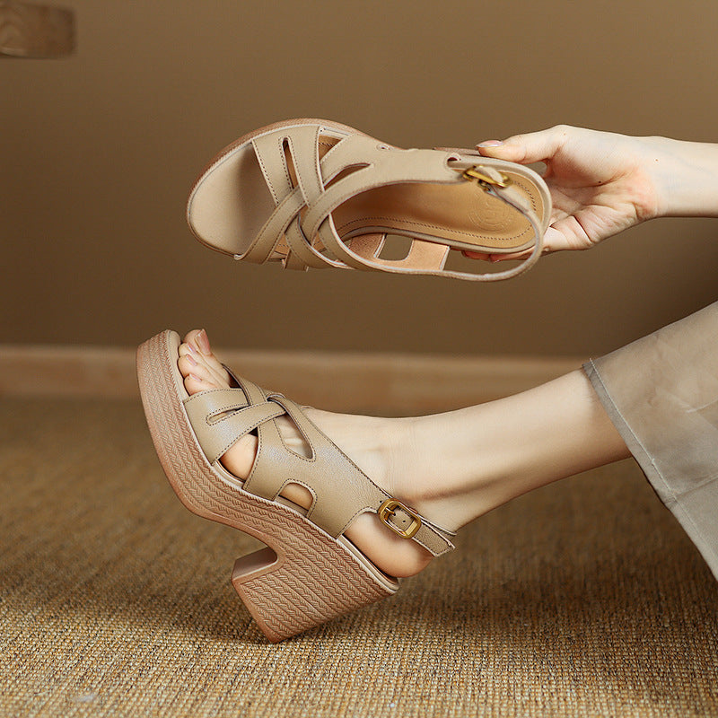 Women Casual Sheepskin Leather Chunky Soft Sole Sandals