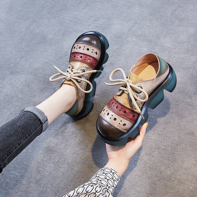 Women Color Block Platform Retro Perforated Leather Casual Shoes