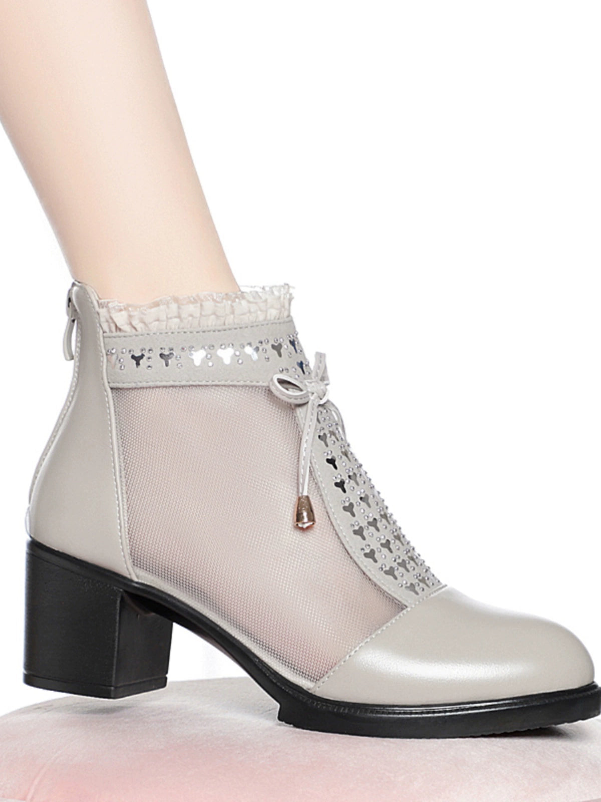 Summer Leather Mesh Breathable Lace Chunky Ankle Boots