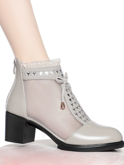 Summer Leather Mesh Breathable Lace Chunky Ankle Boots