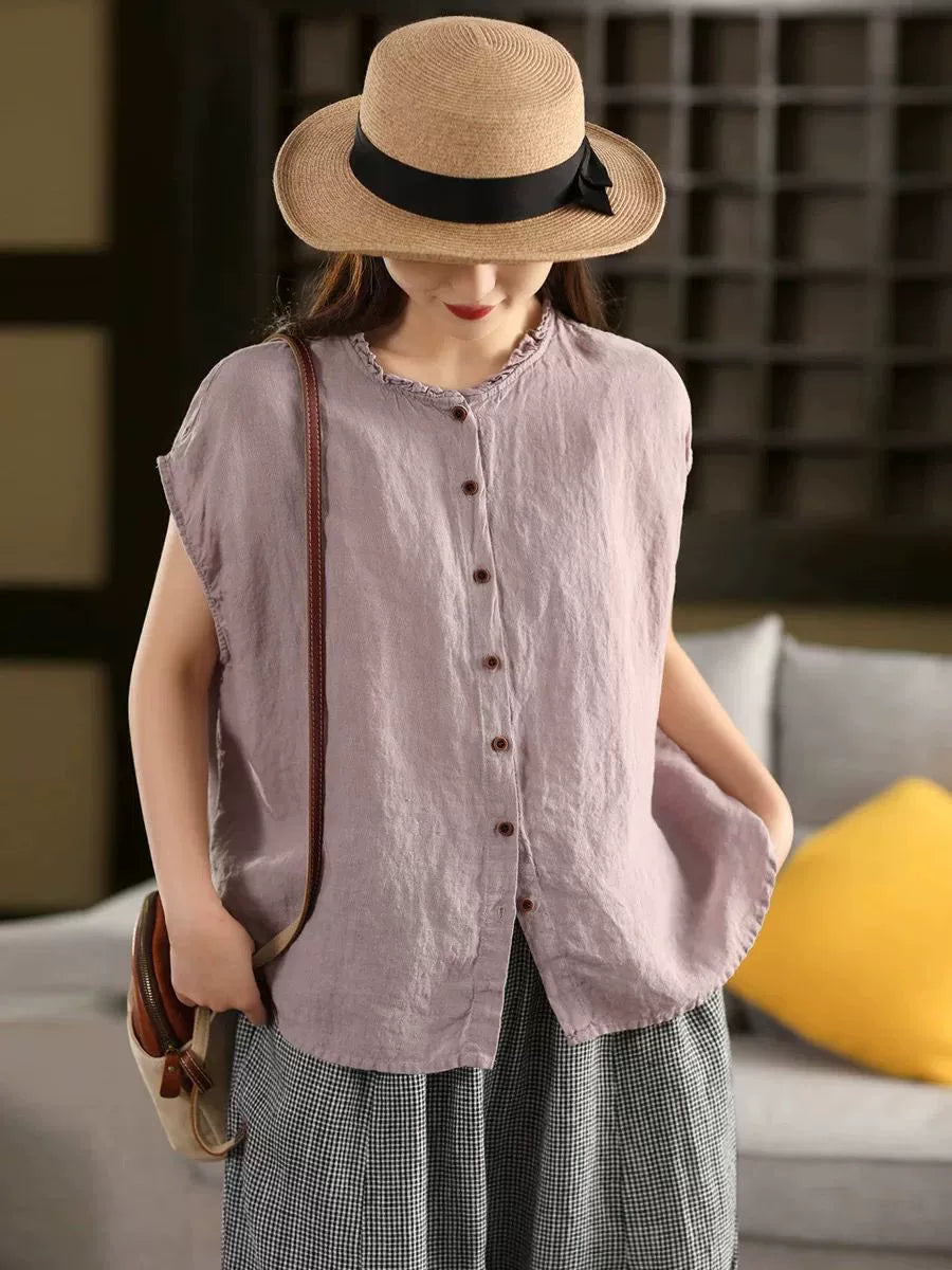 Women Retro Summer Linen Ruffle Lapel Single-Breasted Short Sleeves Shirt