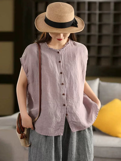 Women Retro Summer Linen Ruffle Lapel Single-Breasted Short Sleeves Shirt