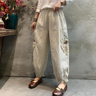 Women Vintage Embroidered Lace Cotton Linen Harem Pants