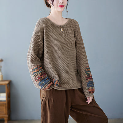 Babakud Women Retro Loose Patchwork Winter Knitted Pullover