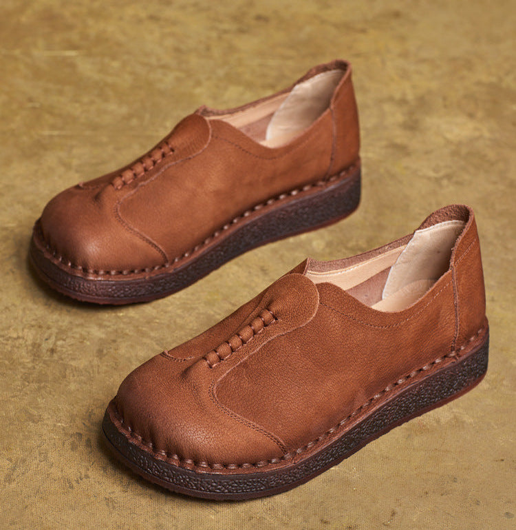 Retro Minimalist Intricate Stitching Handmade Leather Slip-Ons