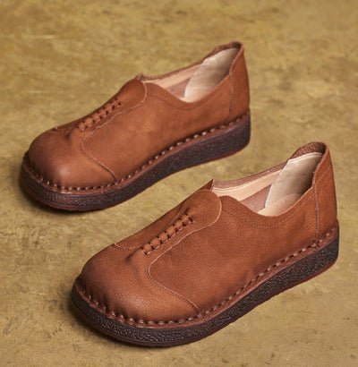 Retro Minimalist Intricate Stitching Handmade Leather Slip-Ons
