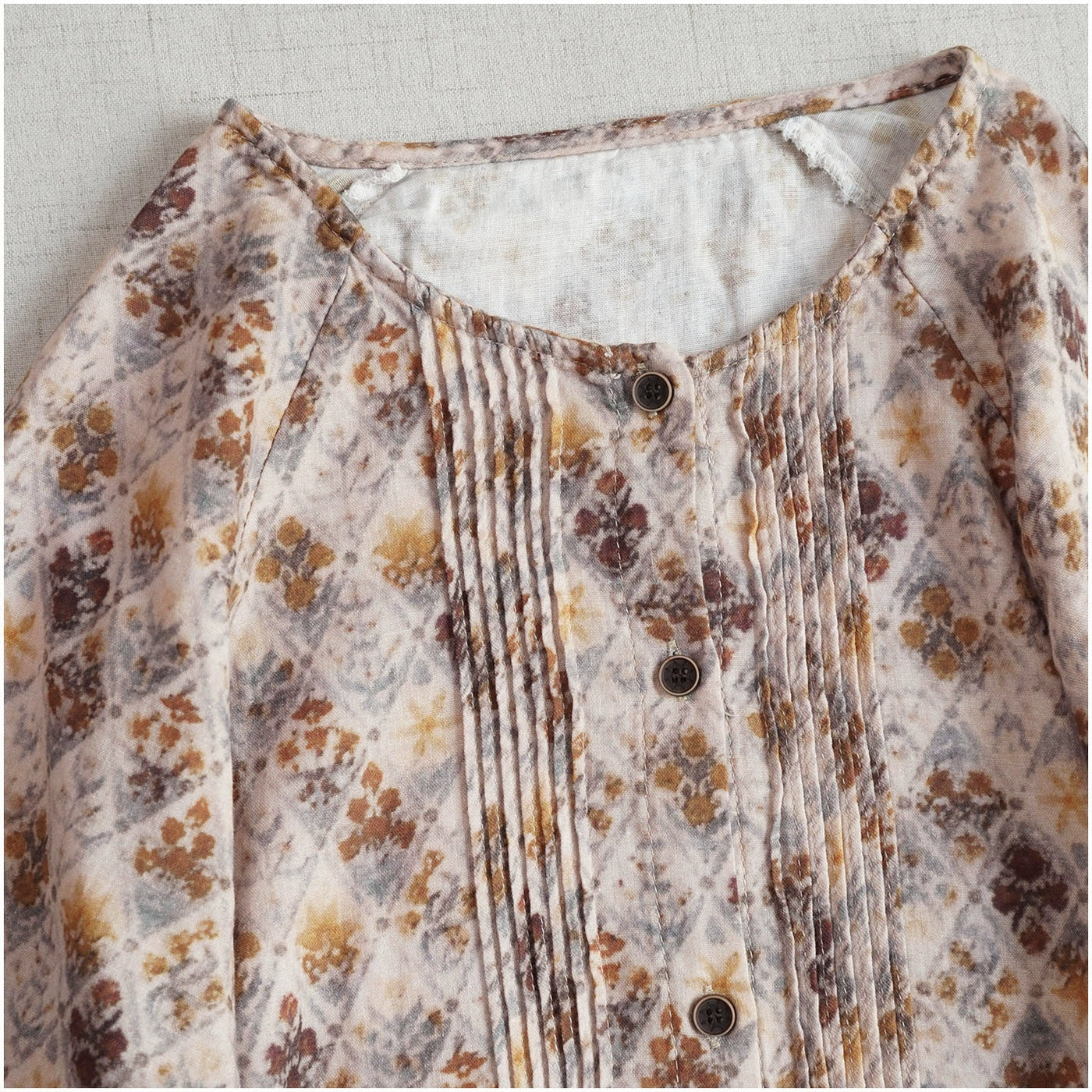 Retro Cotton Floral Printed Round Neck Single Breasted Shirt