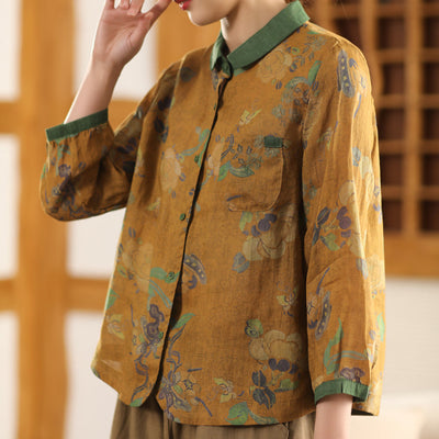 Women Spring Vintage Ramie Printed Floral Blouse