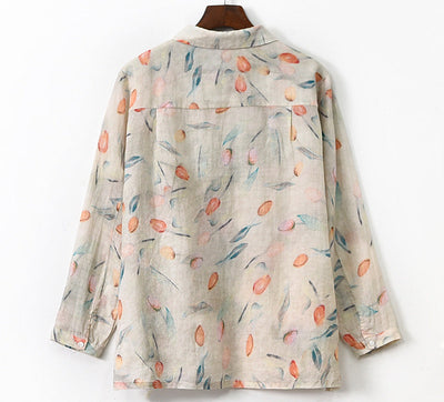 Women Long Sleeves Printed Loose Retro Cotton Ramie Shirt