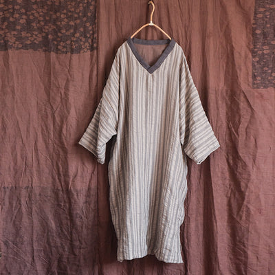 Women Vintage Color Block V-Neck Mid-Length Cotton Linen Coat