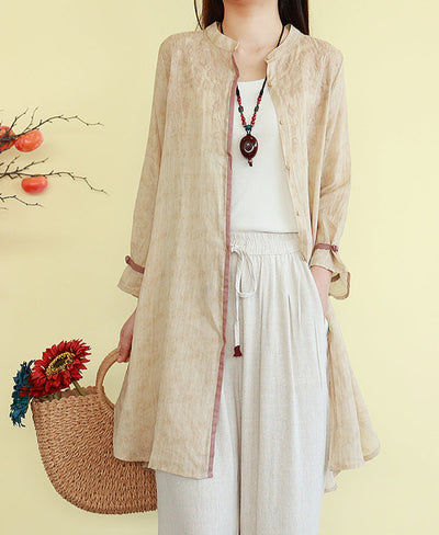 Women Spring Embroidered Loose Cotton Linen Mid-Length Shirt