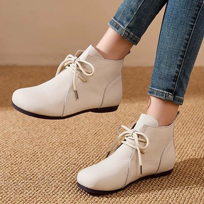 Genuine Leather Retro Round Toe Lace-Up Ankle Boots