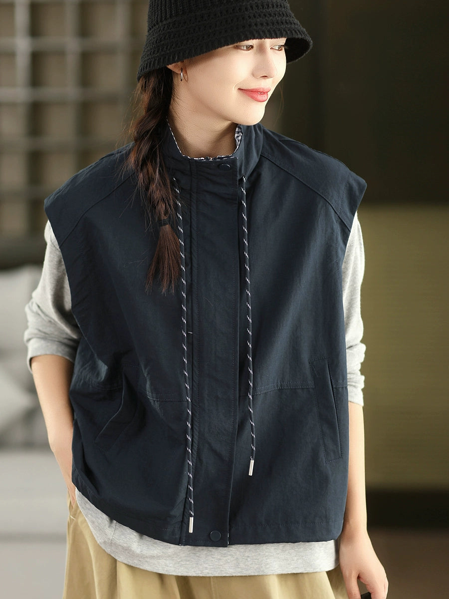 Women Casual Cool Stand Collar Sleeveless Lace-Up Plaid Jacket
