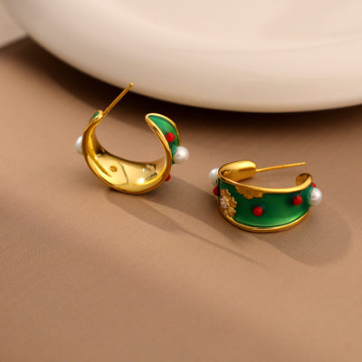 Babakud Women Retro Green Enamel Floral Earrings with Pearls