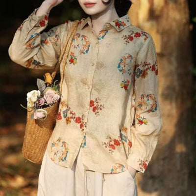 Women Spring Retro Printed Long-Sleeved Cotton Linen Shirt