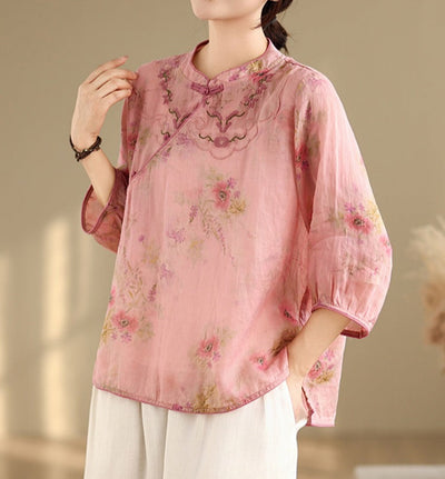 Ladies Elegant Chinese Style Embroidered Buttoned Ramie Blouse