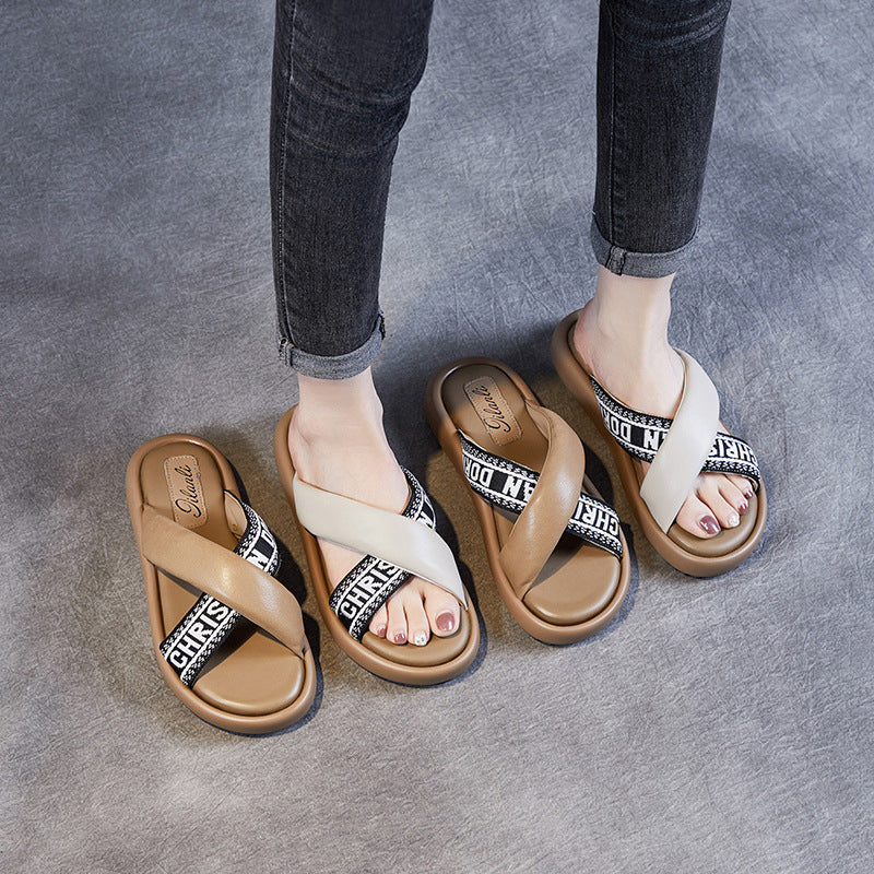 Babakud Fashionable Genuine Leather Patchwork Letters Slippers