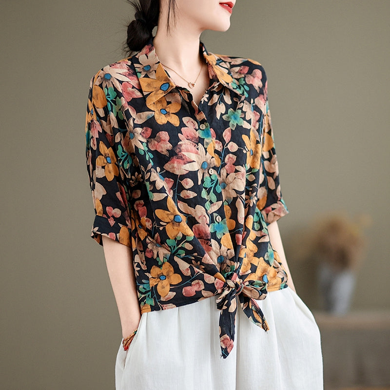Women Summer Retro Cotton-Linen Printed Casual Loose Blouse