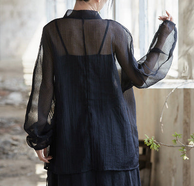 Women Long Sleeves Side Tie Sheer Wrap Soft Tencel Blouses