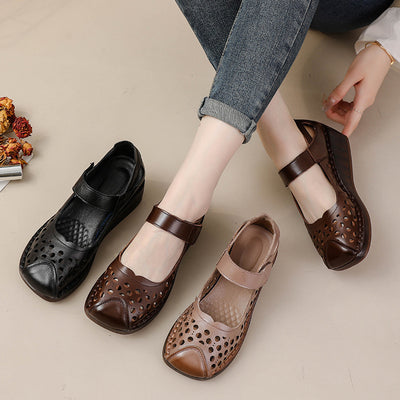 Women's Casual Genuine Leather Hollow Platform Wedge Sandals
