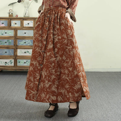 Women Spring Artistic Ramie Printed Floral A-Line Skirt