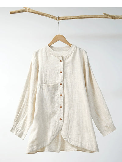Linen Washed Stand Collar Long Sleeves Loose Versatile Coat