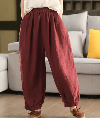 Ladies Spring Loose Vintage Washed Solid Linen Harem Pants