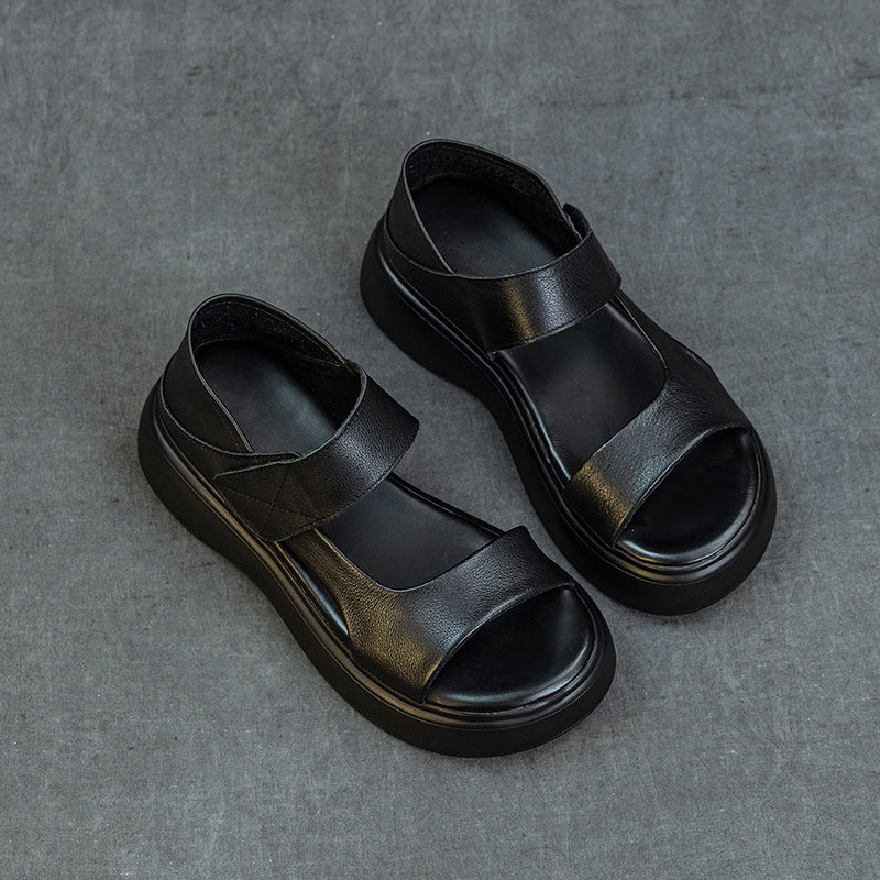 Summer Casual Leather Open Toe Platform Velcro Shoes