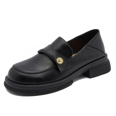 Black Fashion Genuine Leather Wide Toe Loafers for Women