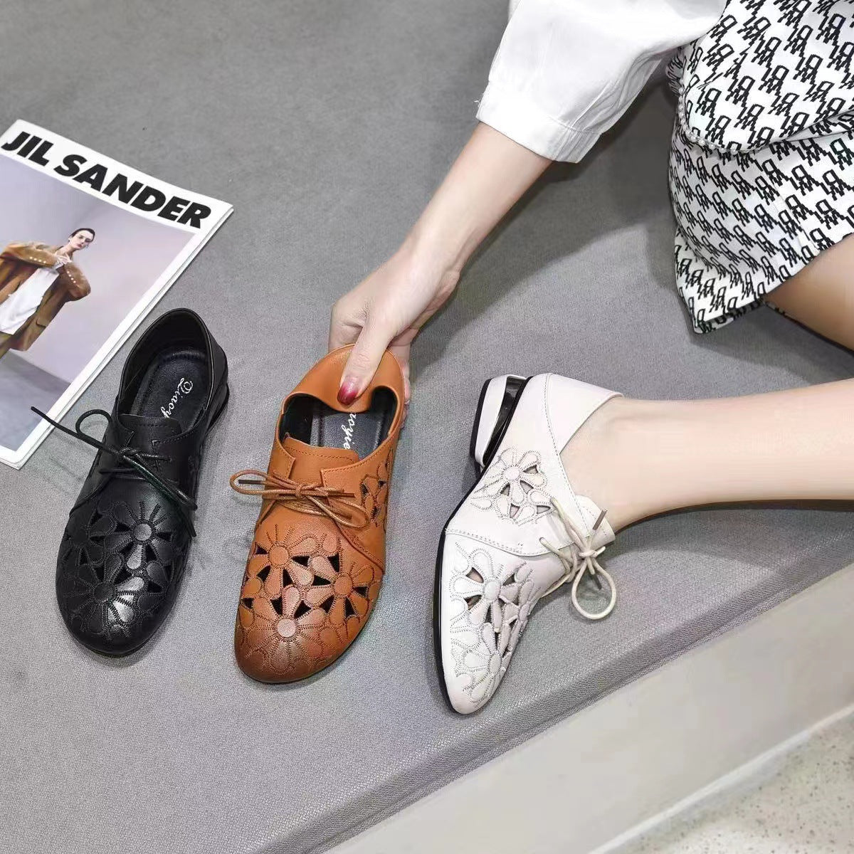 Women Summer Breathable Hollow Leather Soft Cowhide Flats