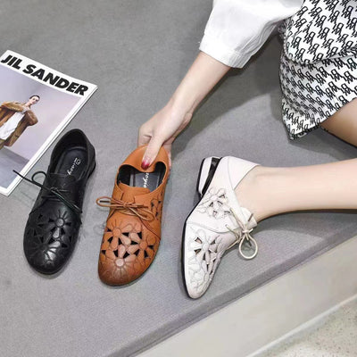Women Summer Breathable Hollow Leather Soft Cowhide Flats