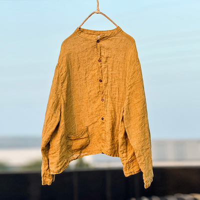 Women Autumn Linen Washed Stand Collar Loose Shirt