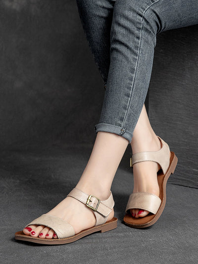 Women Summer Cool Leather Soft Flat Open Toe Velcro Sandals