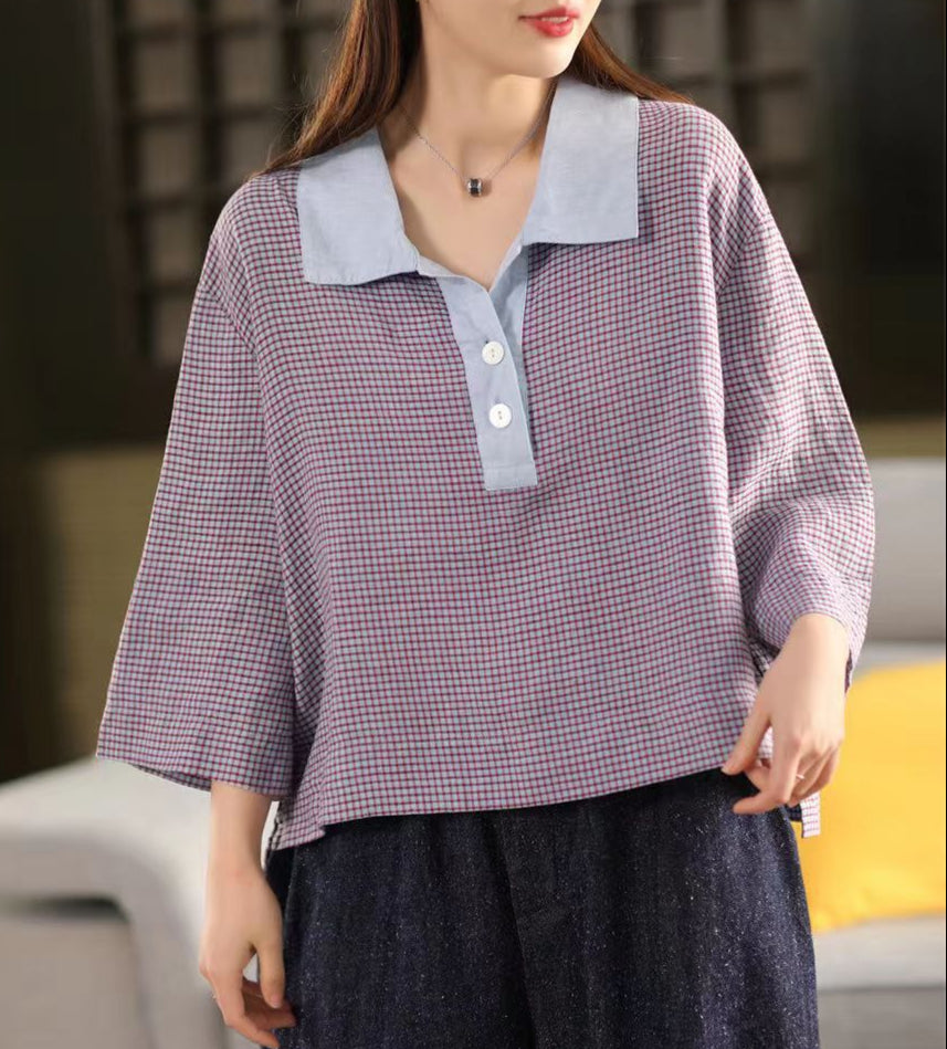 Women's Retro Loose Plaid Contrast Color Linen Polo Shirt